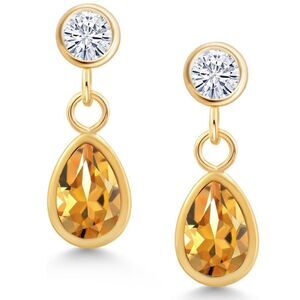 14K Yellow Gold with 0.86 Cttw Yellow Citrine and White Moissanite Post Earrings